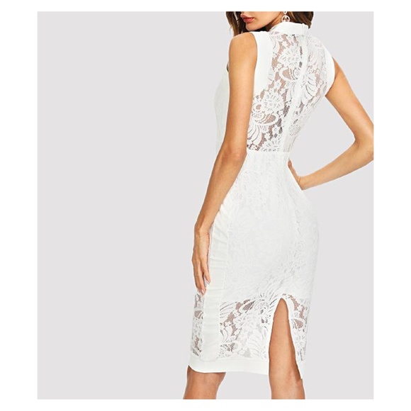 White Sleeveless Lace Overlay Bodycon Midi Dress - Picture 2 of 8
